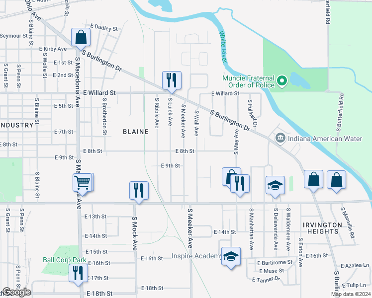 map of restaurants, bars, coffee shops, grocery stores, and more near 1424 South Meeker Avenue in Muncie