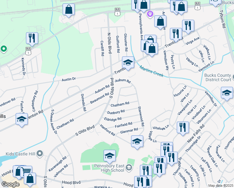 map of restaurants, bars, coffee shops, grocery stores, and more near 223 Brentwood Rd in Fairless Hills