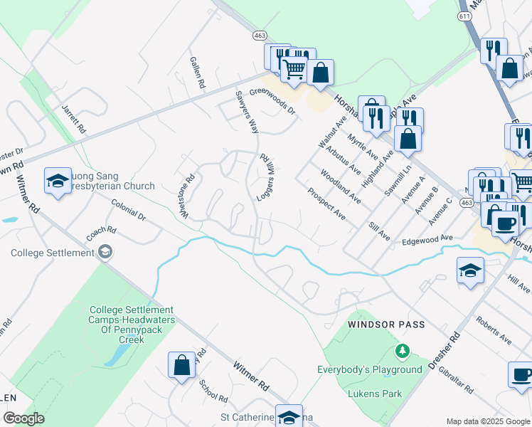map of restaurants, bars, coffee shops, grocery stores, and more near 3 Saw Buck Circle in Horsham