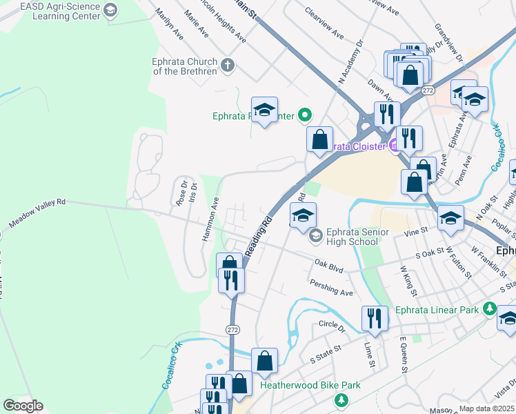 map of restaurants, bars, coffee shops, grocery stores, and more near 803 burky Lane in Ephrata