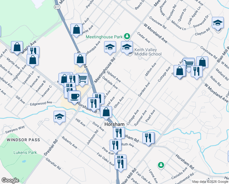 map of restaurants, bars, coffee shops, grocery stores, and more near 311 Birch Avenue in Horsham