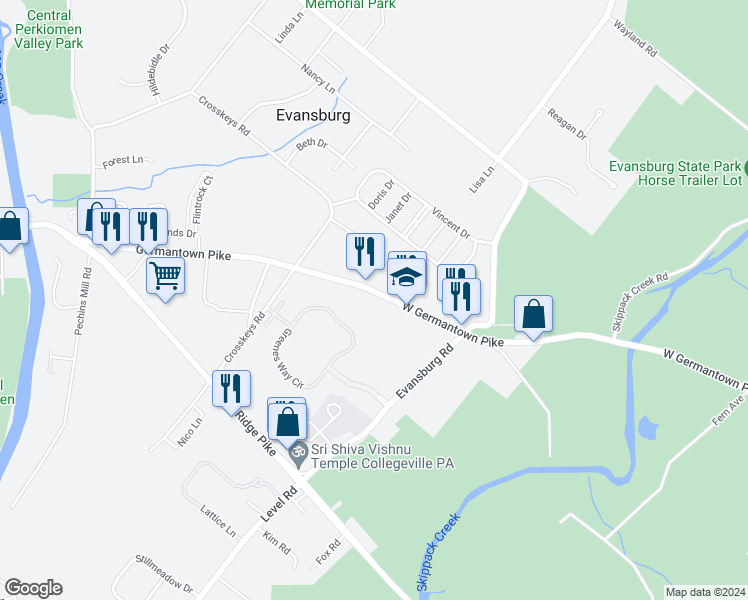 map of restaurants, bars, coffee shops, grocery stores, and more near 3842 Germantown Pike in Collegeville