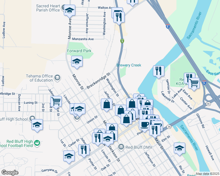 map of restaurants, bars, coffee shops, grocery stores, and more near 1266 Jefferson Street in Red Bluff