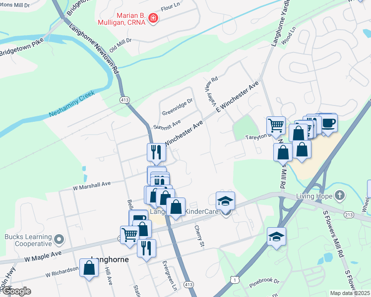 map of restaurants, bars, coffee shops, grocery stores, and more near 338 East Winchester Avenue in Langhorne