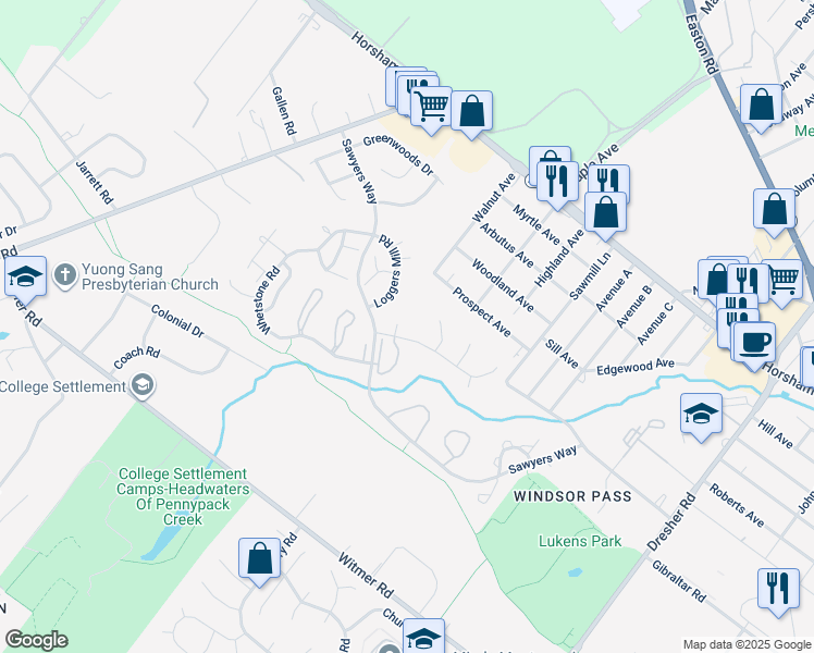 map of restaurants, bars, coffee shops, grocery stores, and more near 7 Saw Buck Circle in Horsham