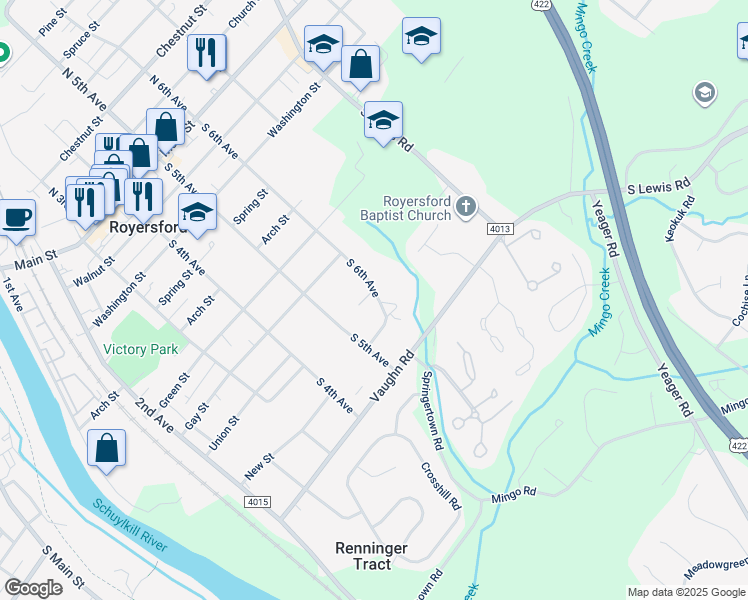 map of restaurants, bars, coffee shops, grocery stores, and more near 18 Char Mar Lane in Royersford
