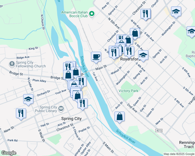map of restaurants, bars, coffee shops, grocery stores, and more near 58 Clover Place in Royersford