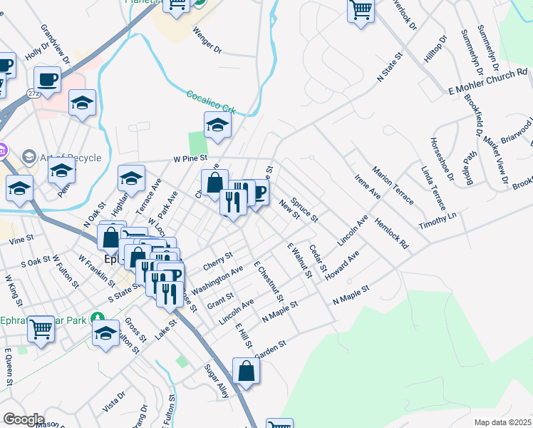 map of restaurants, bars, coffee shops, grocery stores, and more near 16 East Walnut Street in Ephrata