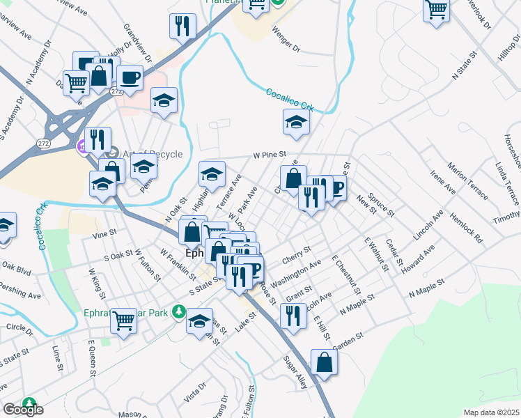 map of restaurants, bars, coffee shops, grocery stores, and more near 129 Park Avenue in Ephrata