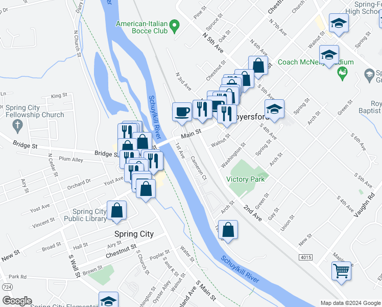 map of restaurants, bars, coffee shops, grocery stores, and more near 38 Cameron Court in Royersford