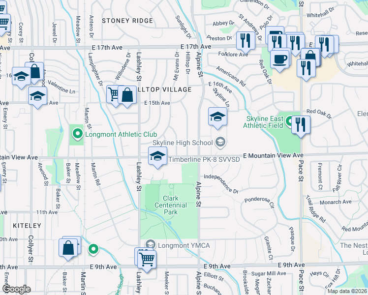 map of restaurants, bars, coffee shops, grocery stores, and more near 1316 Hilltop Drive in Longmont