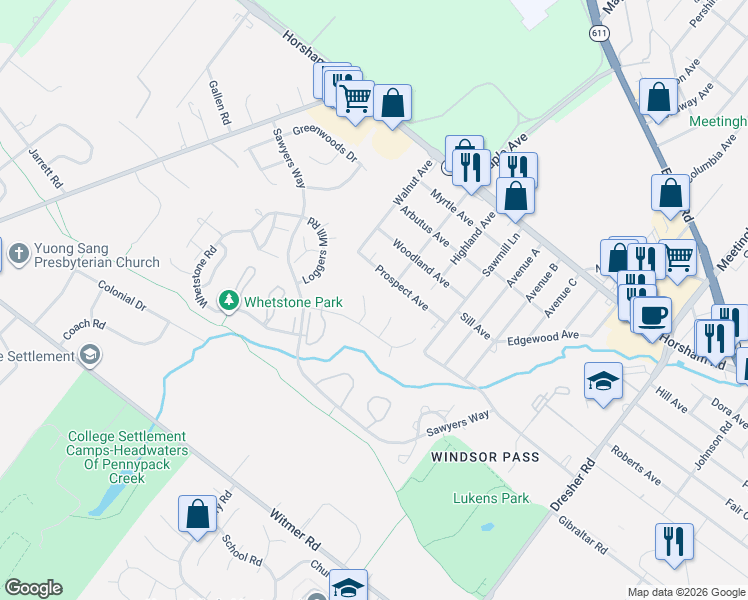 map of restaurants, bars, coffee shops, grocery stores, and more near 24 Jack Ladder Circle in Horsham