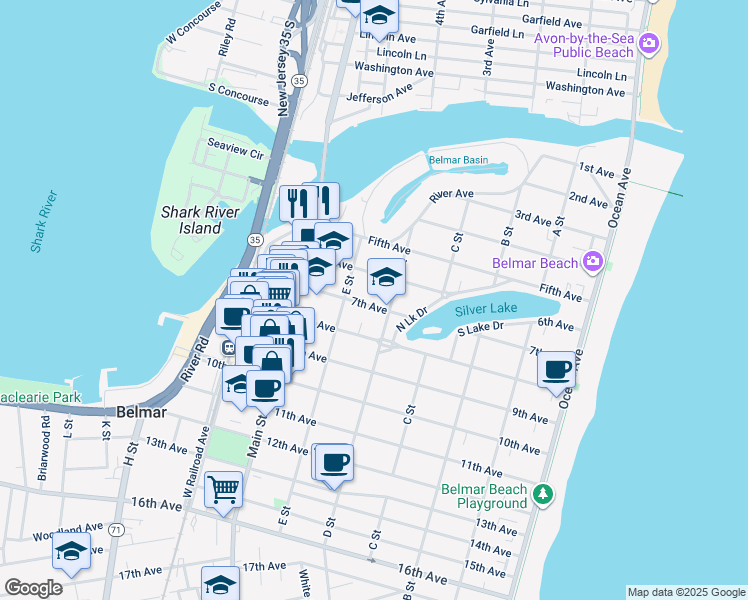 map of restaurants, bars, coffee shops, grocery stores, and more near 514 7th Avenue in Belmar