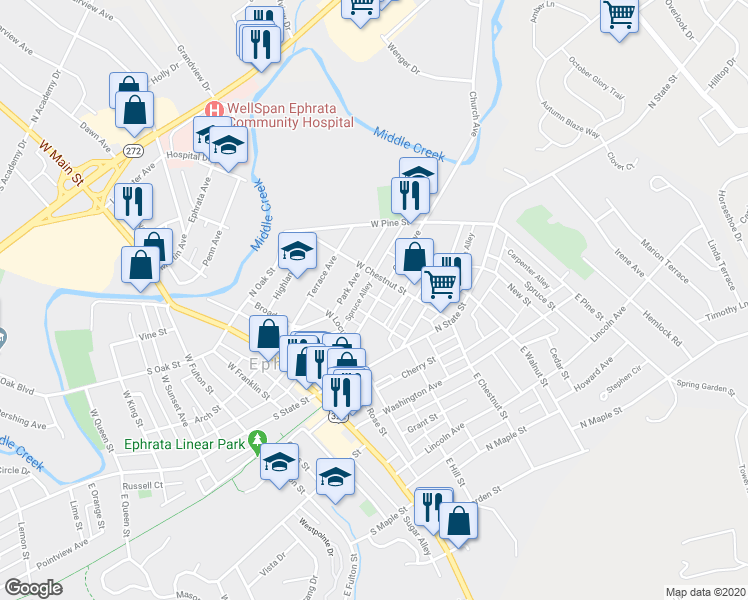 map of restaurants, bars, coffee shops, grocery stores, and more near 156 Church Avenue in Ephrata