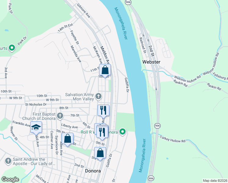 map of restaurants, bars, coffee shops, grocery stores, and more near 900 Meldon Avenue in Donora