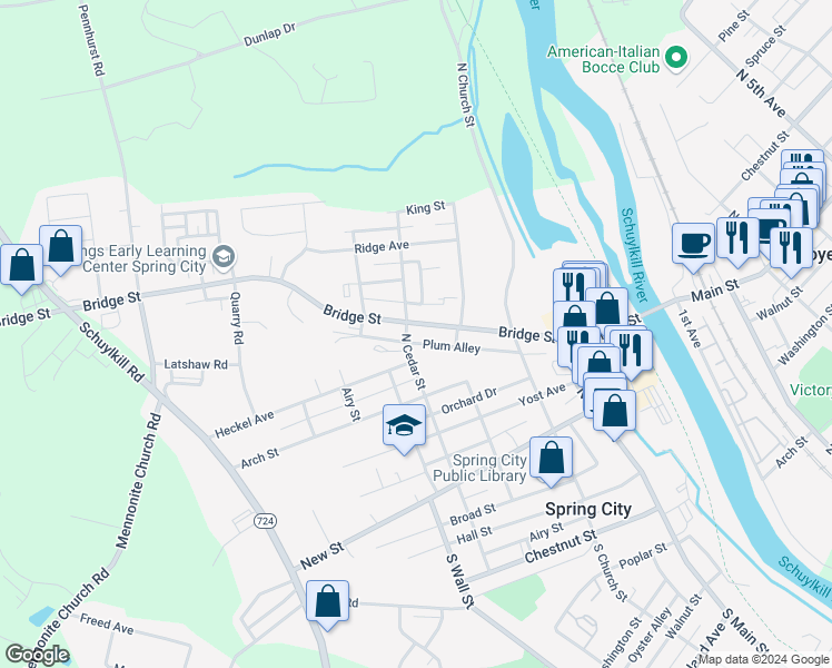 map of restaurants, bars, coffee shops, grocery stores, and more near 346 Bridge Street in Spring City