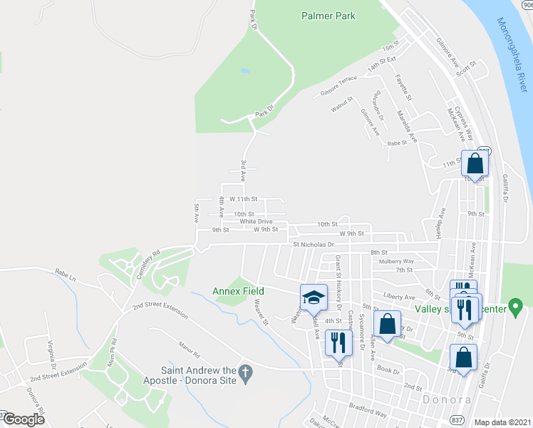 map of restaurants, bars, coffee shops, grocery stores, and more near 98 2nd Avenue in Donora