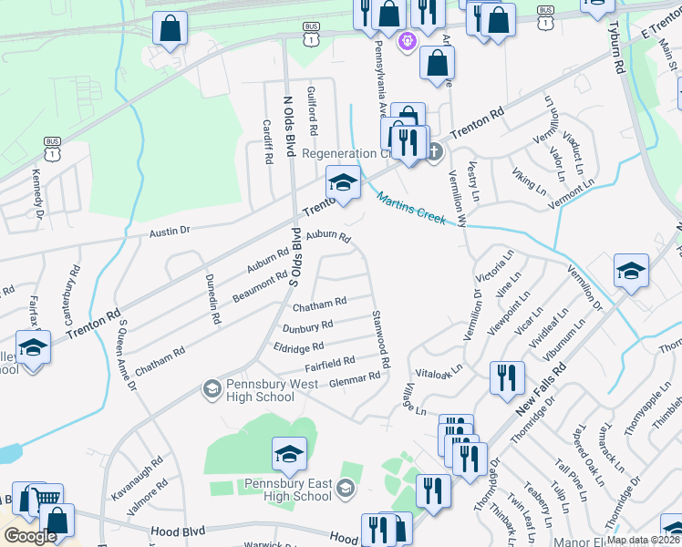 map of restaurants, bars, coffee shops, grocery stores, and more near 817 Chesterton Road in Fairless Hills