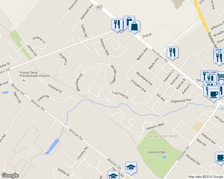 map of restaurants, bars, coffee shops, grocery stores, and more near 3 Saw Buck Circle in Horsham