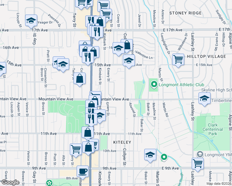 map of restaurants, bars, coffee shops, grocery stores, and more near 1320 Dogwood Lane in Longmont