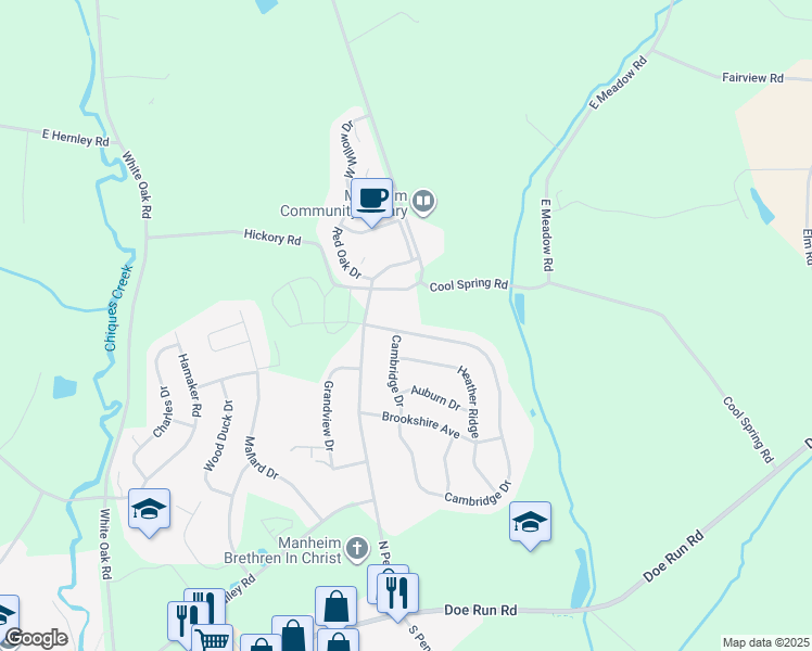 map of restaurants, bars, coffee shops, grocery stores, and more near 848 Cambridge Drive in Manheim