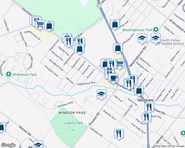 map of restaurants, bars, coffee shops, grocery stores, and more near 411 Avenue C in Horsham