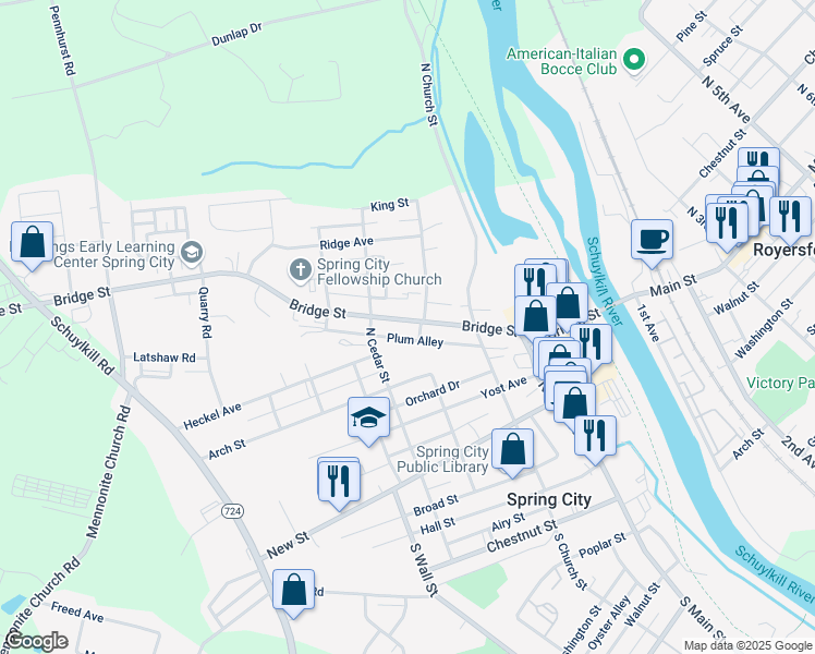 map of restaurants, bars, coffee shops, grocery stores, and more near 316 Bridge Street in Spring City