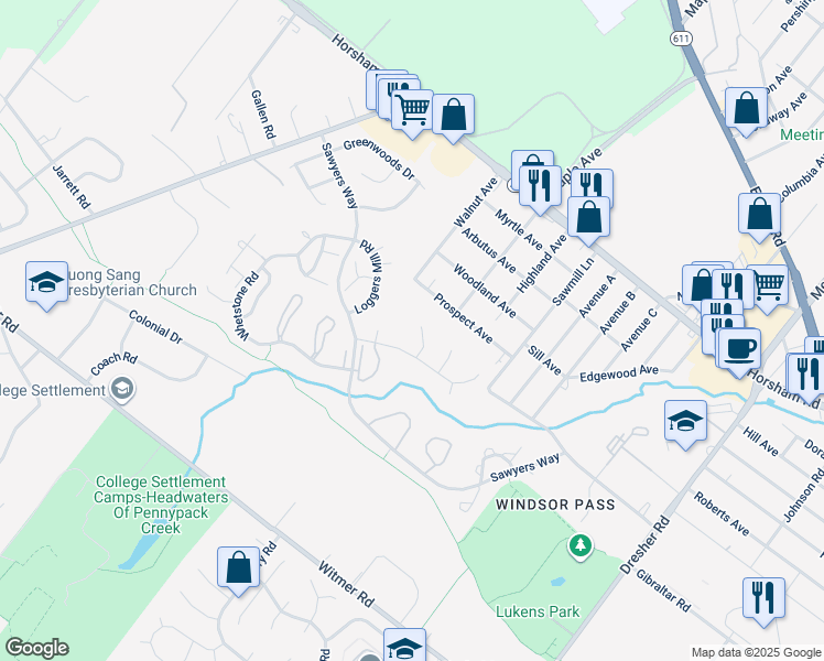 map of restaurants, bars, coffee shops, grocery stores, and more near 12 Barrel Stave Circle in Horsham