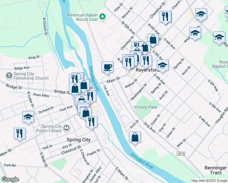 map of restaurants, bars, coffee shops, grocery stores, and more near 12 Cameron Court in Royersford