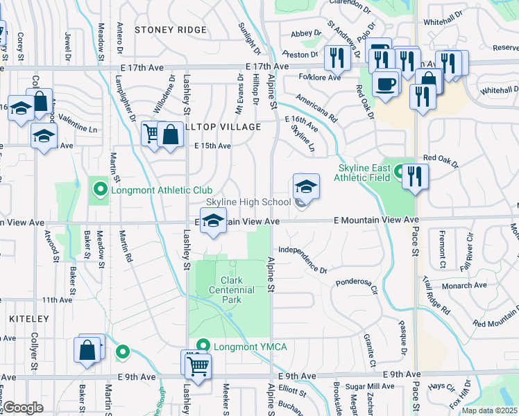 map of restaurants, bars, coffee shops, grocery stores, and more near 1316 Hilltop Drive in Longmont