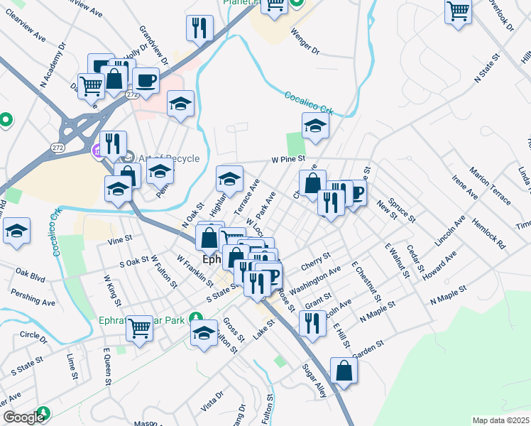 map of restaurants, bars, coffee shops, grocery stores, and more near 125 Park Avenue in Ephrata
