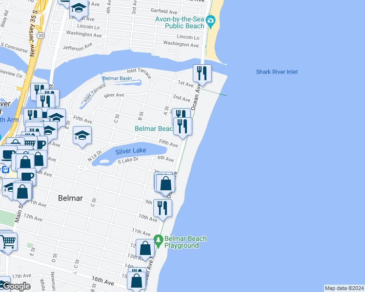 map of restaurants, bars, coffee shops, grocery stores, and more near 498 Ocean Avenue in Belmar