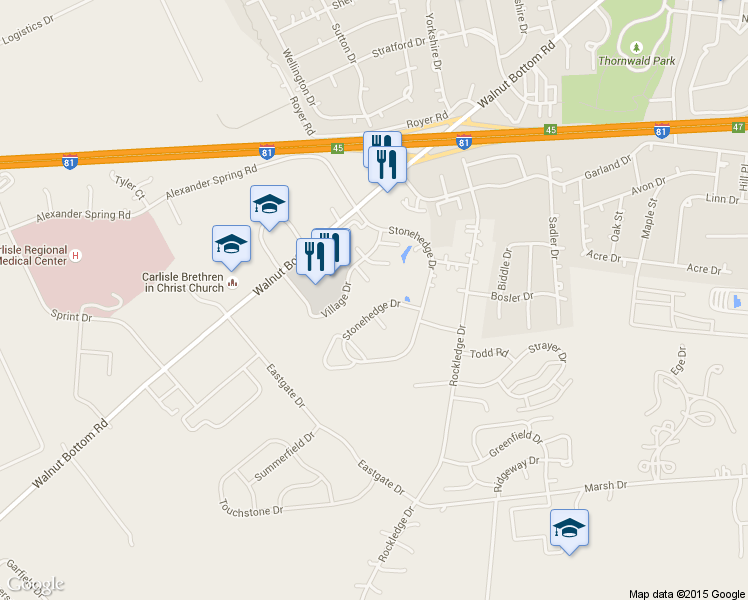 map of restaurants, bars, coffee shops, grocery stores, and more near 309 Stonehedge Dr in Carlisle