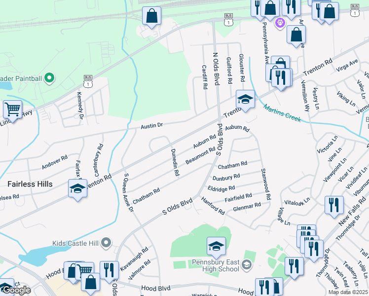 map of restaurants, bars, coffee shops, grocery stores, and more near 707 Auburn Road in Fairless Hills