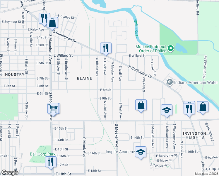 map of restaurants, bars, coffee shops, grocery stores, and more near 2406 East 8th Street in Muncie