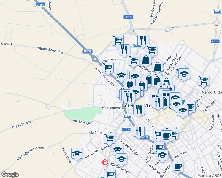 map of restaurants, bars, coffee shops, grocery stores, and more near 56 Via G. Murat in Nardò