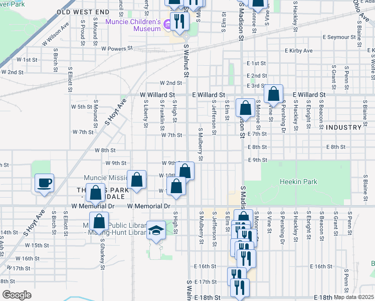 map of restaurants, bars, coffee shops, grocery stores, and more near 100 East 8th Street in Muncie