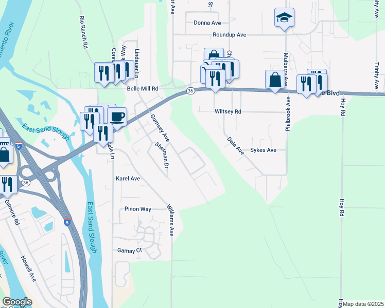 map of restaurants, bars, coffee shops, grocery stores, and more near 215 Gurnsey Drive in Red Bluff