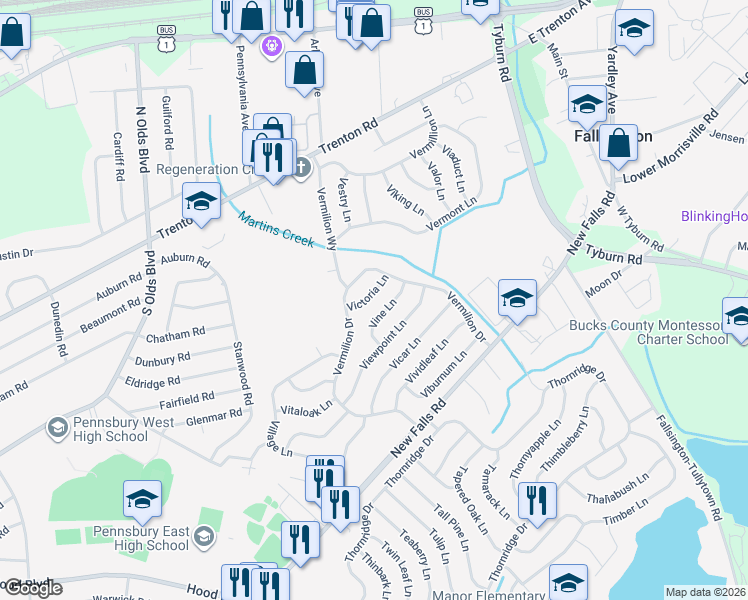 map of restaurants, bars, coffee shops, grocery stores, and more near 14 Victoria Lane in Levittown
