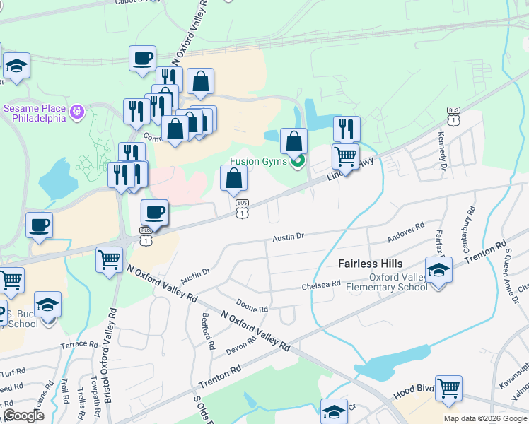 map of restaurants, bars, coffee shops, grocery stores, and more near 164 Lincoln Highway in Fairless Hills