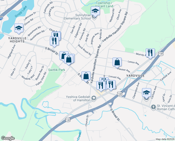map of restaurants, bars, coffee shops, grocery stores, and more near 4400 South Broad Street in Trenton