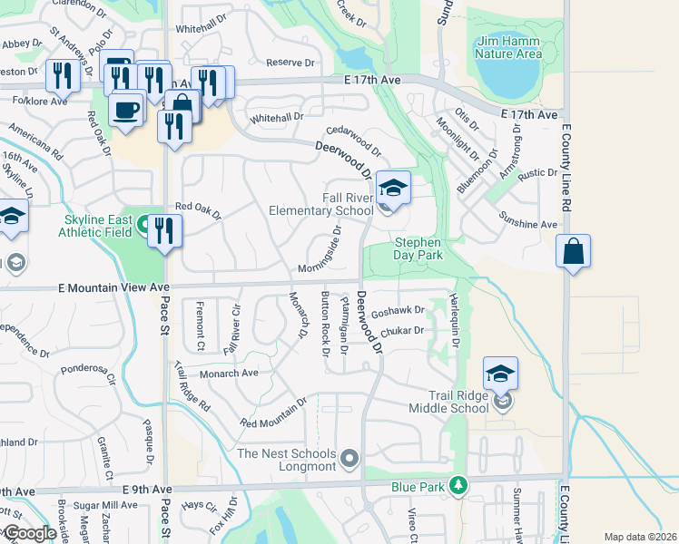 map of restaurants, bars, coffee shops, grocery stores, and more near 1317 Bramble Place in Longmont