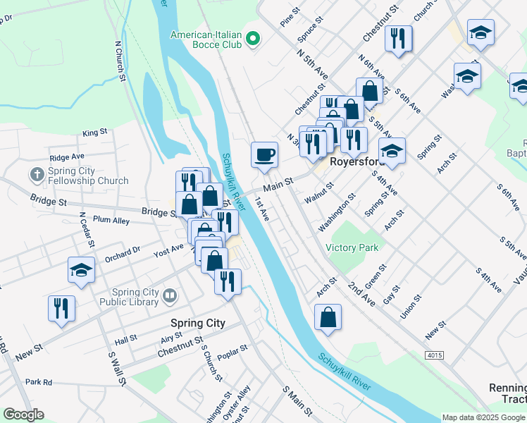 map of restaurants, bars, coffee shops, grocery stores, and more near 12 Clover Place in Royersford