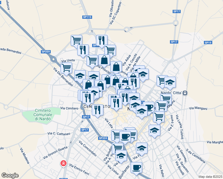 map of restaurants, bars, coffee shops, grocery stores, and more near 79 Via Duca degli Abruzzi in Nardò