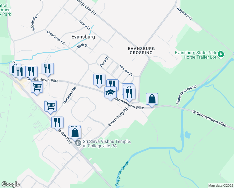 map of restaurants, bars, coffee shops, grocery stores, and more near 3831 Germantown Pike in Collegeville