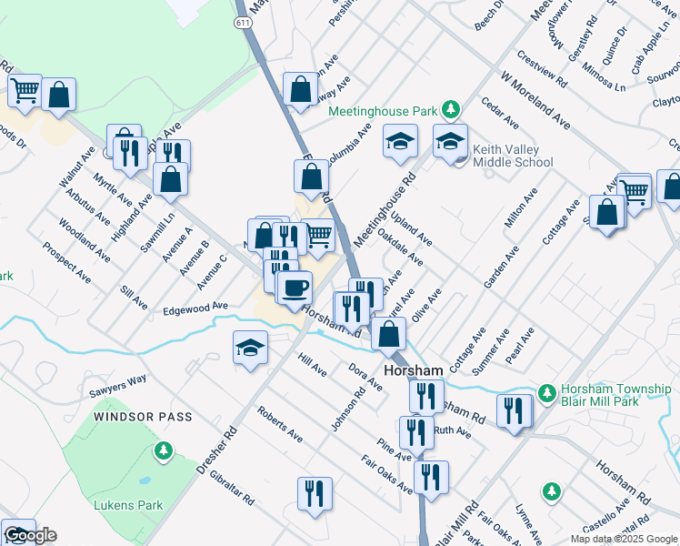 map of restaurants, bars, coffee shops, grocery stores, and more near 333 Dresher Road in Horsham