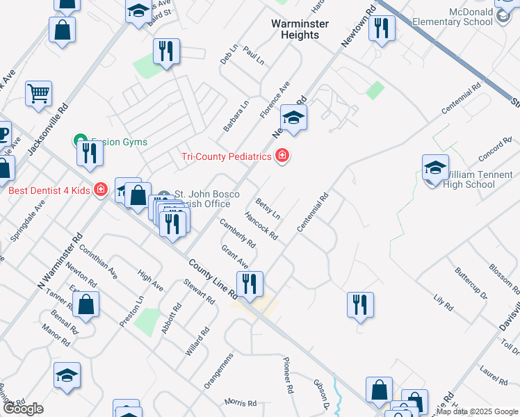 map of restaurants, bars, coffee shops, grocery stores, and more near 362 Betsy Lane in Warminster