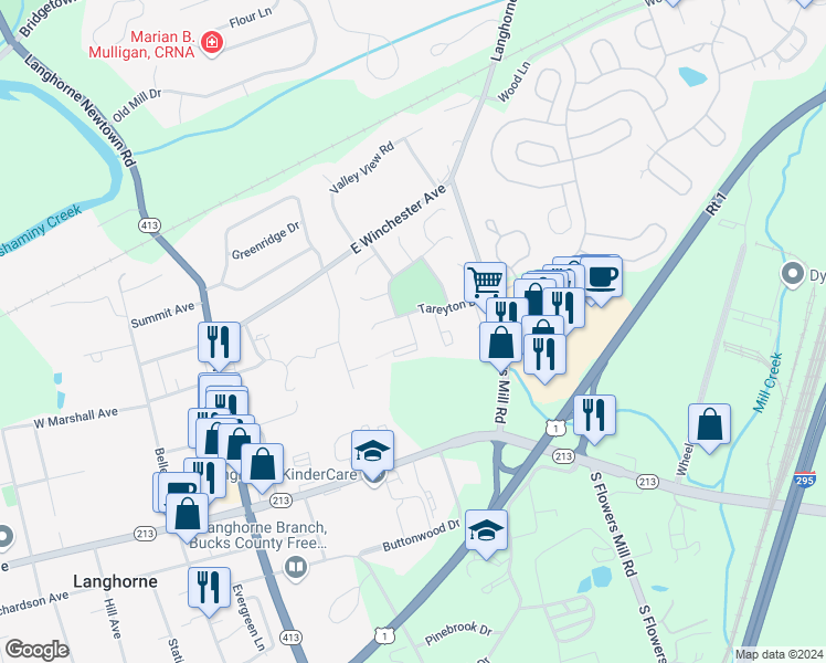 map of restaurants, bars, coffee shops, grocery stores, and more near Barclay Court in Langhorne