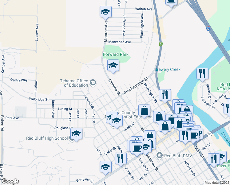 map of restaurants, bars, coffee shops, grocery stores, and more near 1435 Monroe Street in Red Bluff
