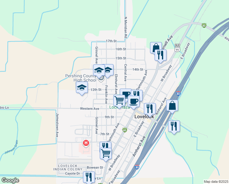 map of restaurants, bars, coffee shops, grocery stores, and more near 1170 Elmhurst Avenue in Lovelock